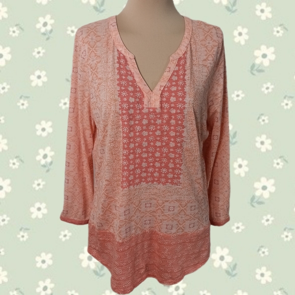 SOLD Lucky Brand Sz L Coral Bracelet Sleeve Placed Scarf Top Blouse Bohemian - Picture 2 of 6